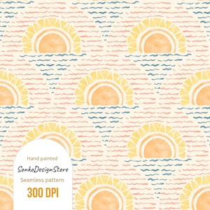 Watercolor Sunlight Seamless Pattern: Retro Boho Sun Digital Paper (300 DPI JPG File)