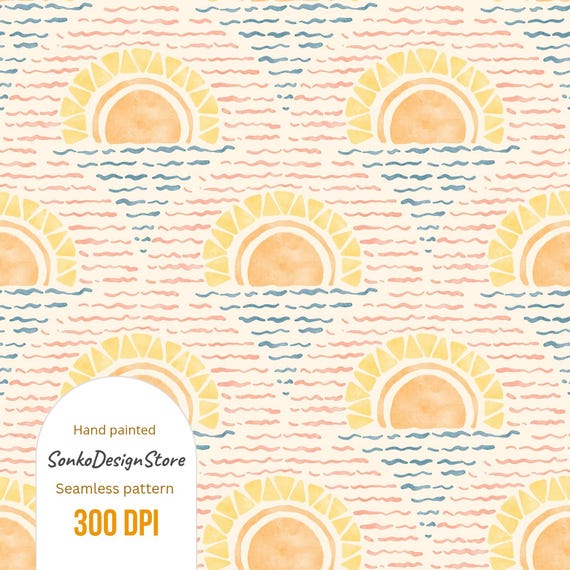Watercolor Sunlight Seamless Pattern: Retro Boho Sun Digital Paper (300 DPI JPG File)