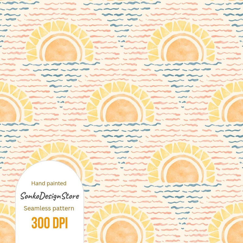 K&ouml;nnte beinhalten: Ein nahtloses Muster mit Aquarellsonnen &uuml;ber wellenf&ouml;rmigen Linien in Gelb, Orange, Rosa und Blau. Der Text "Hand painted SonkoDesignStore Seamless pattern 300 DPI" ist sichtbar.