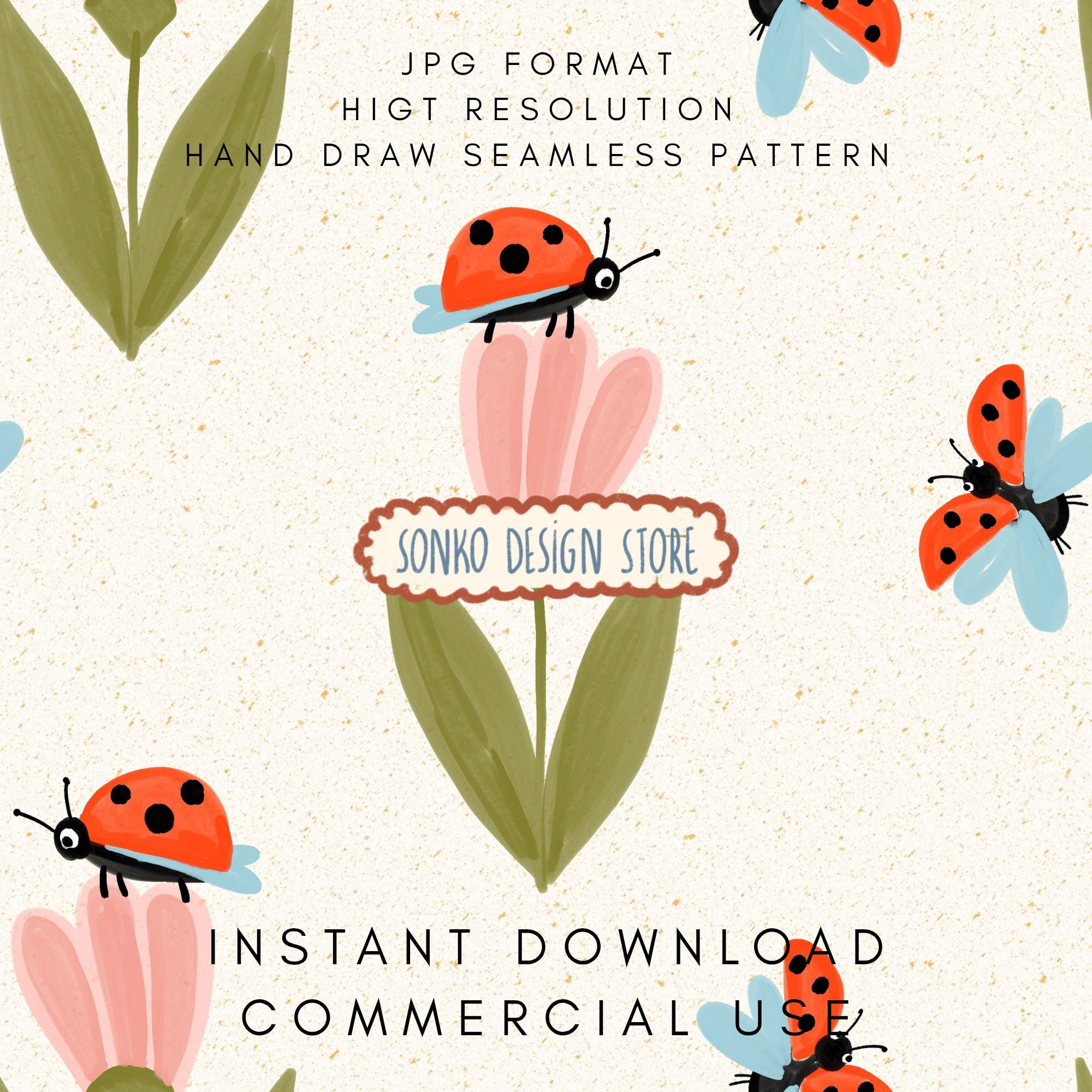 Ladybug Repeat Pattern Ladybug and Flower Seamless Repeat Pattern, Spring Digital Design ...