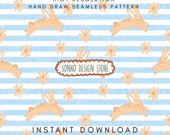 Easter Rabbit seamless repeat pattern, Cute Bunny on stripes digital file, Fabric design