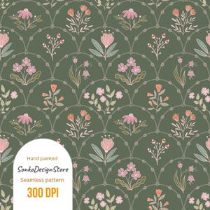 Könnte beinhalten: Nahtloses Blumenmuster mit einem sich wiederholenden Design aus stilisierten Blumen in Rosa-, Orange- und Grüntönen. Die Blumen sind in einem Netzwerk aus gebogenen Linien auf einem dunkelgrünen Hintergrund angeordnet. Der Text "Hand painted SonkoDesignStore Seamless pattern 300 DPI" ist sichtbar.