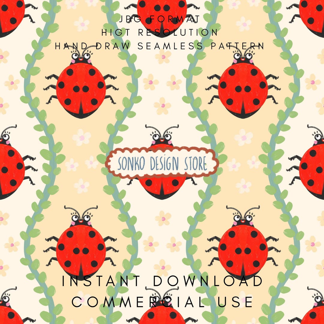 Ladybug Pattern Designs Ladybug Seamless Pattern, Spring Floral Fabric Design (digital Download ...