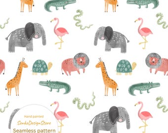 Safari Animals Seamless Repeat Pattern, Nursery Fabric Design, Jpeg Download