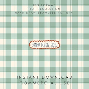 Puede incluir: Diseño de patrón sin costuras con un patrón de cuadros verdes y blancos. La imagen incluye el texto "JPG FORMAT", "HIGT RESOLUTION", "HAND DRAW SEAMLESS PATTERN", "SONKO DESIGN STORE", "INSTANT DOWNLOAD" y "COMMERCIAL USE".