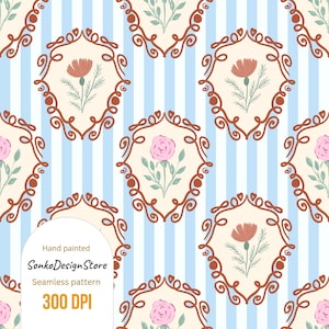 May include: Seamless pattern with repeating floral designs. Each design features a flower in a decorative frame, set against a backdrop of blue and white vertical stripes. The text "Hand painted", "SonkoDesignStore", "Seamless pattern", and "300 DPI" is visible.