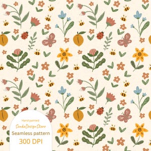 Peut inclure: Un motif sans couture peint à la main sur fond crème, avec des fleurs, des abeilles, des papillons, des coccinelles et des pêches. Le design comprend le texte "Hand painted, SonkoDesignStore, Seamless pattern, 300 DPI."