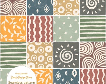 Patrón de patchwork bohemio sin costuras: diseño de tela pintado a mano (descarga digital)