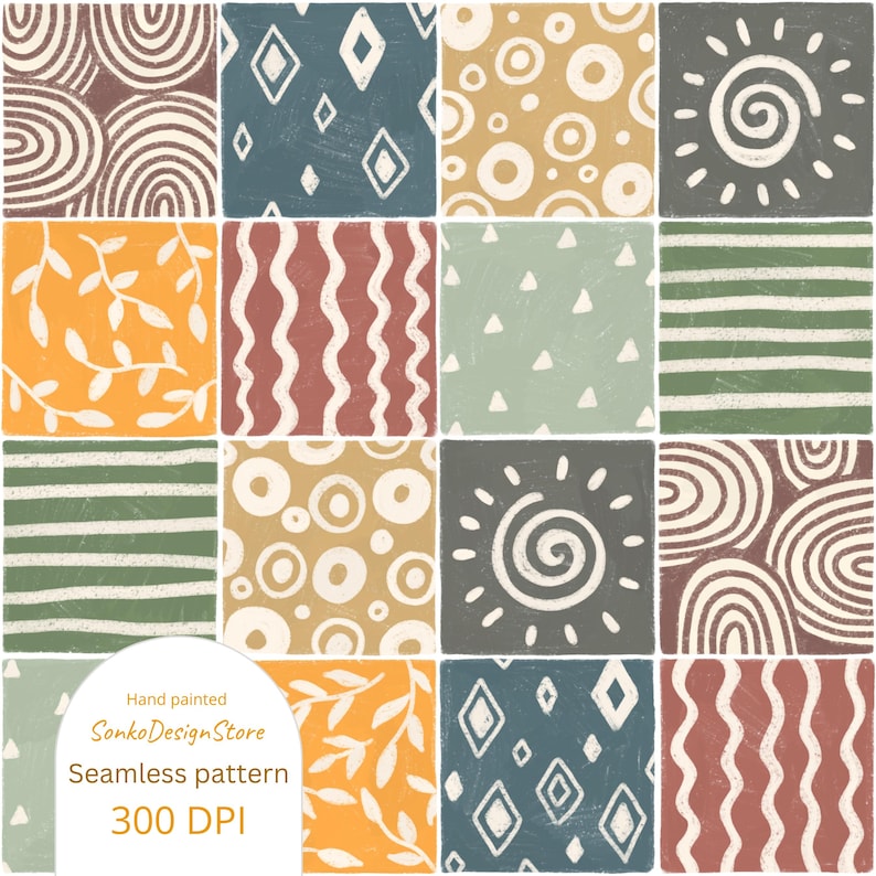 Może przedstawiać: Pakiet cyfrowego papieru z 12 wzorami bez szw&oacute;w w r&oacute;żnych kolorach i wzorach. Wzory obejmują spirale, koła, liście, paski i romby. Tekst "Hand painted SonkoDesignStore Seamless pattern 300 DPI" znajduje się na dole obrazu.