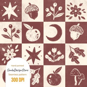 Peut inclure: Un motif sans couture avec des illustrations peintes à la main d'étoiles, de glands, de fleurs, de pommes et d'autres éléments naturels dans une grille. Le design est dans les tons de marron et de crème, avec le texte "Hand painted SonkoDesignStore Seamless pattern 300 DPI".