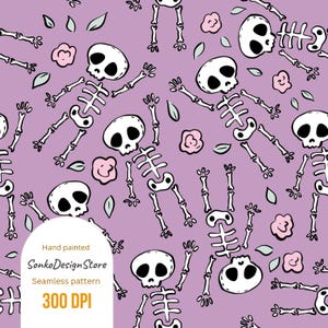 Puede incluir: Patrón sin costuras con esqueletos pintados a mano, flores rosas y hojas verdes sobre un fondo lavanda. El diseño incluye el texto "Sonko Design Store" y "300 DPI".