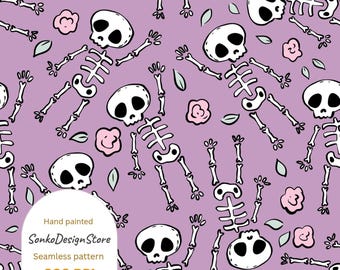 Patrón sin costuras de esqueleto de Halloween: fondo morado espeluznante (uso comercial, descarga digital)