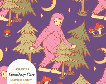 Bigfoot Seamless Pattern, Retro Forest Digital Paper (300 DPI)