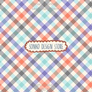 May include: A hand-painted seamless pattern with a colorful plaid design. The pattern features intersecting lines in shades of orange, gray, blue, purple, and teal, set against a cream background. The text "SONKO DESIGN STORE" is displayed in a decorative banner.
