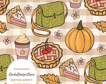 May include: Seamless pattern featuring pumpkins, pie slices, coffee cups, purses, flowers, and leaves. The design includes a pumpkin spice theme with a plaid background. The text "Hand painted", "SonkoDesignStore", "Seamless pattern", and "300 DPI" is also included.