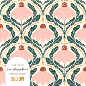 Puede incluir: Patrón floral sin costuras con flores rosas estilizadas, hojas y tallos verde oscuro sobre un fondo crema. El diseño incluye arcos naranjas punteados. El texto incluye "Hand painted", "SonkoDesignStore", "Seamless pattern" y "300 DPI".