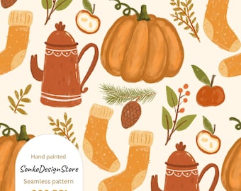 May include: A seamless pattern featuring hand-painted illustrations of pumpkins, socks, apples, pinecones, and teapots in shades of orange, brown, and green. The text "SonkoDesignStore" and "300 DPI" are visible.