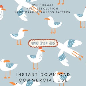May include: A seamless pattern featuring cartoon seagulls in white, blue, and orange on a light blue background. The seagulls have orange beaks and feet, with some wearing hats. The pattern includes the text "SONKO DESIGN STORE".