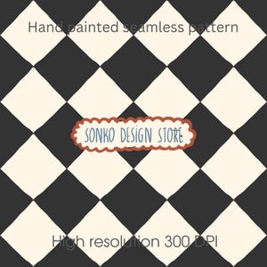 Może przedstawiać: Ręcznie malowany bezszwowy wzór z czarno-kremowym motywem szachownicy w romby. Tekst "Hand painted seamless pattern" znajduje się na górze, "High resolution 300 DPI" na dole, a "SONKO DESIGN STORE" na środku obrazu.
