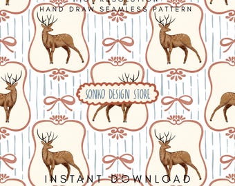 May include: A seamless pattern featuring brown deer illustrations within ornate frames, accented with bows and floral elements on a light blue and cream background. The text includes "JPG FORMAT", "HIGH RESOLUTION", "HAND DRAW SEAMLESS PATTERN", "SONKO DESIGN STORE", "INSTANT DOWNLOAD", and "COMMERCIAL USE".