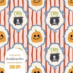 Pode incluir: Um padrão de Halloween sem costura com abóboras laranja com rostos sorridentes e caldeirões pretos com caveiras e ossos cruzados. O design inclui um fundo listrado e molduras decorativas. O texto diz "Hand painted", "SonkoDesignStore", "Seamless pattern" e "300 DPI".