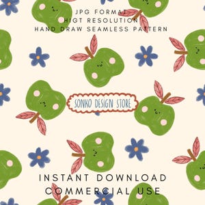Green Apple and Flowers seamless Pattern, Kawaii Smiling fruits Digital Design, nursery fabric design