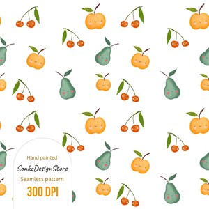Smiling fruit Seamless Pattern: Apple, Pear, Cherry Digital Paper (JPG tile, Digital Download)