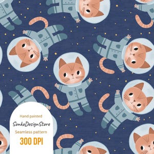 May include: Seamless pattern featuring cartoon cats in space suits floating against a dark blue background. The cats are orange with white faces and are wearing light blue space suits. The pattern includes the text "Hand painted SonkoDesignStore Seamless pattern 300 DPI".