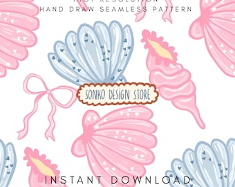 Coquette Shell repeat seamless pattern, Pastel summer fabric design (digital download, commercial use)