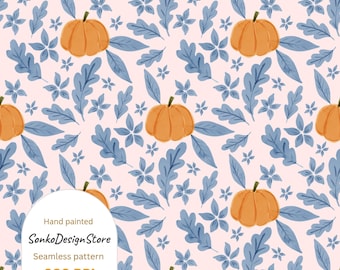 Fall seamless pattern, Pumpkin and flowers digital paper, Pink background, Autumn pattern sublimation
