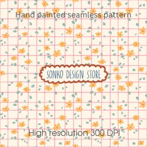May include: A hand-painted seamless pattern featuring a grid of pink lines and small yellow flowers with green leaves. The text "SONKO DESIGN STORE" is in a brown oval, and "High resolution 300 DPI" is at the bottom.