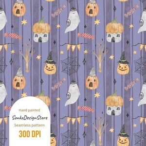 Könnte beinhalten: Nahtloses Halloween-Muster mit Kürbissen, Geistern, Süßigkeiten, Spinnweben und Sternen auf einem lila gestreiften Hintergrund. Das Design enthält den Text "Hand painted SonkoDesignStore Seamless pattern 300 DPI".