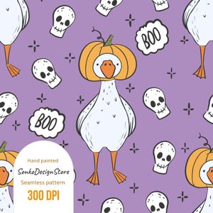 Funny geese and skulls Halloween seamless pattern, Halloween design for sublimation, Silly goose pattern, Cute Halloween design