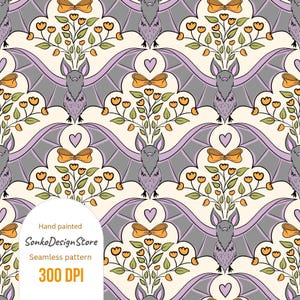 Puede incluir: Patrón sin costuras con murciélagos grises con alas moradas, pajaritas naranjas y detalles florales. El diseño incluye corazones y elementos florales estilizados sobre un fondo crema. También se incluye el texto "Hand painted SonkoDesignStore Seamless pattern 300 DPI".