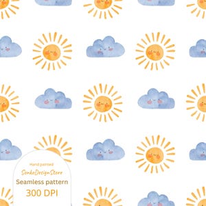May include: A repeating pattern of smiling suns and clouds in watercolour on a white backdrop. The suns are yellow with orange faces, and the clouds are blue with pink cheeks. The text "Hand painted" and "Seamless pattern" is also visible.