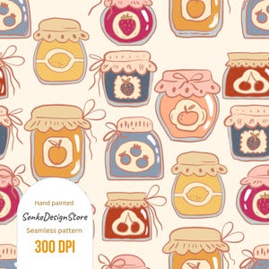 May include: A seamless pattern featuring hand-painted illustrations of various jam jars with different fruit fillings, including strawberries, lemons, and cherries. The jars have tan lids tied with bows, set against a cream background. The text "SonkoDesignStore" and "300 DPI" are visible.