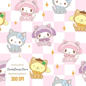 May include: Seamless pattern featuring cartoon characters in various colors, including pink, blue, and brown, on a pink and white checkered background. The characters are wearing hats and bows. The text "Hand painted", "SonkoDesignStore", "Seamless pattern", and "300 DPI" is also visible.