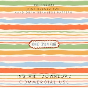 May include: A digital illustration featuring a hand-drawn seamless pattern with horizontal stripes in various colors, including orange, green, pink, and blue. The text "JPG FORMAT", "HIGH RESOLUTION", "HAND DRAW SEAMLESS PATTERN", "SONKO DESIGN STORE", "INSTANT DOWNLOAD", and "COMMERCIAL USE" are also present.