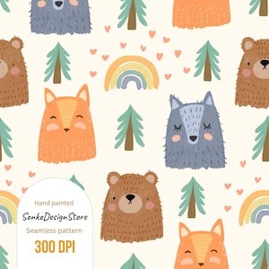 May include: A seamless pattern featuring hand-painted illustrations of bears, foxes, and wolves, along with trees, rainbows, and hearts. The design includes the text "Hand painted", "SonkoDesignStore", "Seamless pattern", and "300 DPI". The color palette includes shades of orange, brown, blue, and green.