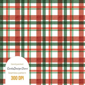 May include: A seamless pattern featuring a plaid design in red, green, and white. The image includes the text "Hand painted", "SonkoDesignStore", "Seamless pattern", and "300 DPI".