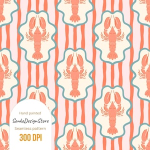 Peut inclure: Motif répété de homards corail dans des cadres festonnés crème, sur fond de rayures verticales pêche. Le motif comprend le texte "Hand painted SonkoDesignStore Seamless pattern 300 DPI".
