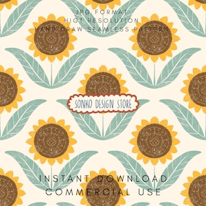 May include: A seamless pattern featuring stylized sunflowers with yellow petals and brown centers, set against a cream background. The design includes light blue leaves and the text "SONKO DESIGN STORE". The image also includes the text "JPG FORMAT", "HIGT RESOLUTION", "HAND DRAW SEAMLESS PATTERN", "INSTANT DOWNLOAD", and "COMMERCIAL USE".