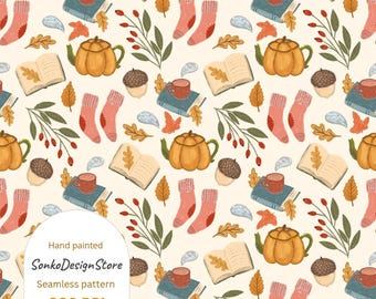 May include: A seamless pattern featuring fall-themed illustrations. The design includes orange pumpkins, open books, acorns, leaves, socks, and teacups on a cream background. The text "Hand painted SonkoDesignStore Seamless pattern 300 DPI" is also present.