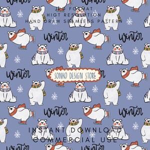 May include: A repeating pattern of white polar bears wearing scarves and ice skates on a pale blue backdrop. The design includes snowflakes and the word "Winter". The text "SONKO DESIGN STORE" is also visible.