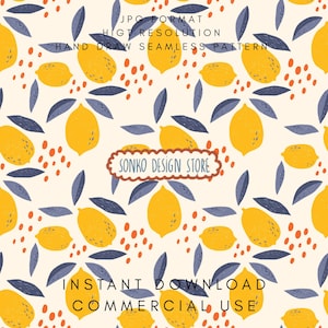 May include: A seamless pattern featuring yellow lemons, blue leaves, and orange dots on a cream background. The design includes the text "JPG FORMAT", "HIGH RESOLUTION", "HAND DRAW SEAMLESS PATTERN", "SONKO DESIGN STORE", "INSTANT DOWNLOAD", and "COMMERCIAL USE".