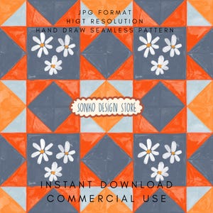 Peut inclure: Motif de motif sans couture avec des carrés gris, des diamants orange et bleu clair. Chaque carré gris contient trois fleurs de marguerite blanches. Le texte "SONKO DESIGN STORE" est dans un ovale blanc.