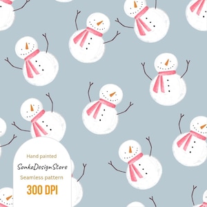 May include: A seamless pattern featuring cartoon snowmen on a light blue background. Each snowman has a carrot nose, black dot eyes, and a pink scarf. The image includes the text "Hand painted", "SonkoDesignStore", "Seamless pattern", and "300 DPI".