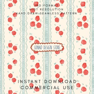 May include: A seamless pattern design featuring red roses scattered on a cream background with vertical light blue stripes. The design includes the text "SONKO DESIGN STORE" and "INSTANT DOWNLOAD COMMERCIAL USE".