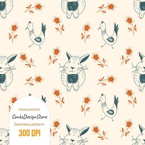 May include: A seamless pattern with hand-painted illustrations of rabbits, birds, and flowers in a repeating design. The artwork is in cream, teal, and orange. The text "SonkoDesignStore" and "Seamless pattern" are visible.