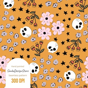 May include: Seamless pattern with a repeating design of white skulls, pink flowers, black stars, and gray floral shapes on a mustard yellow background. The text "Hand painted SonkoDesignStore Seamless pattern 300 DPI" is visible.